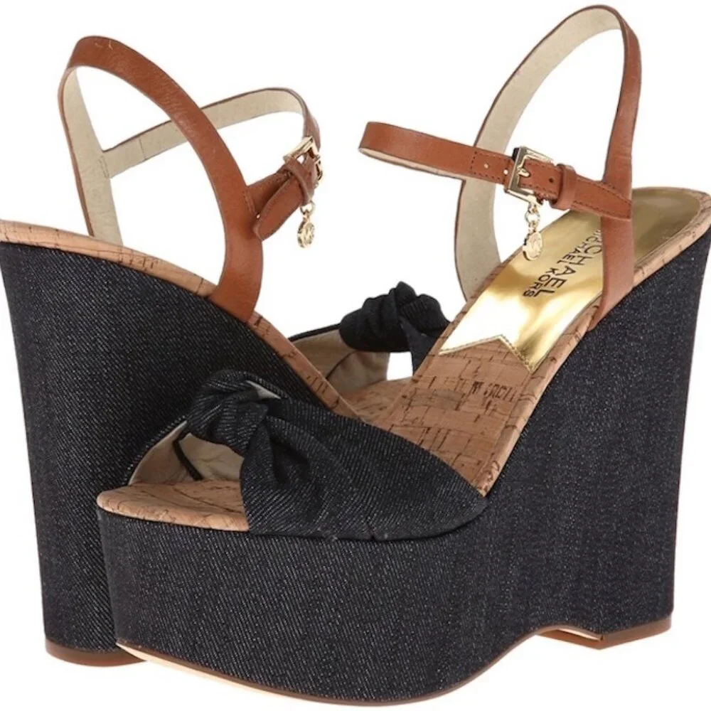 NWOB Michael Michael Kors Benji Dark Blue Denim Platform Wedge